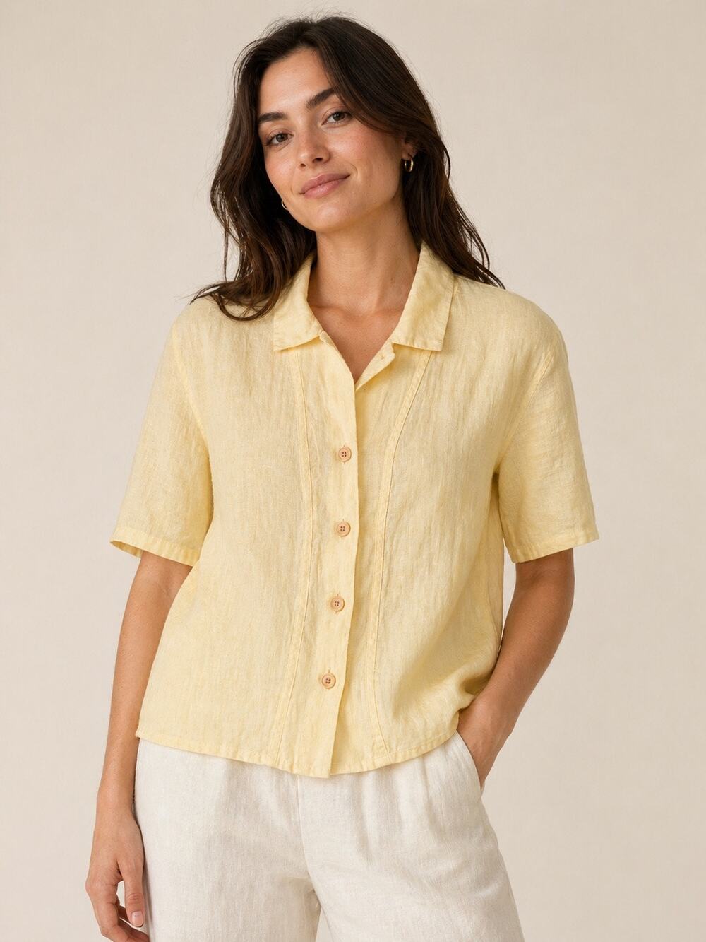 FLAX Jeanne Engelhart 100% Linen Button Front Shirt Yellow Size Large